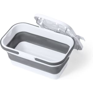 A grey and white thermal picnic basket with a removable lid, featuring a collapsible design for easy storage.