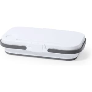 A white thermal picnic basket with a grey trim and a secure closure. It has a sleek, rectangular design and a branding logo.