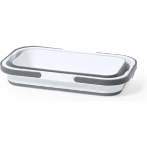 A white and grey thermal picnic basket with a rectangular shape and handles on the sides.