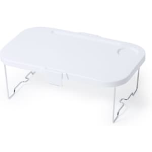 A white picnic basket with a lid and metal legs, featuring a slot for a drink bottle.