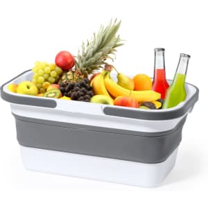 A thermal picnic basket in grey and white, filled with assorted fruits and two drink bottles.