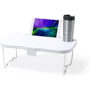 A white portable table with a holder for a tablet and a stainless steel drink bottle. Features metal legs.