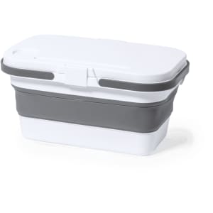 A thermal picnic basket in grey and white, featuring a lid and a compact design. It has a logo on one side.
