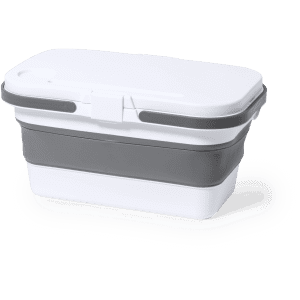 A thermal picnic basket in white and grey, featuring a secure lid and a compact design. It has a logo on the side.