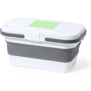 A thermal picnic basket in white and grey with a secure lid and a logo. Ideal for outdoor use.