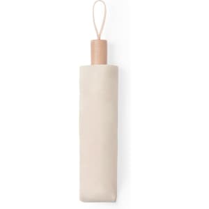 A light beige umbrella with a wooden handle, wrapped in a matching protective sleeve.