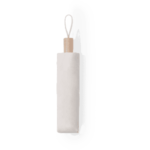 A white umbrella with a wooden handle and a loop for easy carrying.