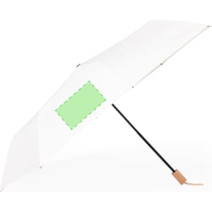 A white umbrella with a black handle and a logo area, featuring a light green rectangular section.