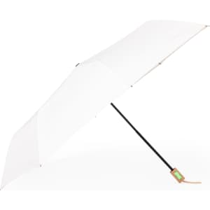 A white umbrella with a black handle and a small logo on the strap.