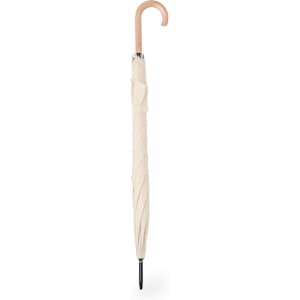 A beige umbrella with a curved wooden handle and a sleek design, featuring a logo on the fabric.