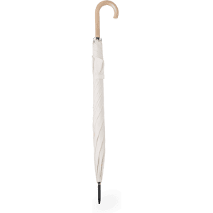 A white umbrella with a curved wooden handle, featuring a sleek design and a simple, elegant appearance.
