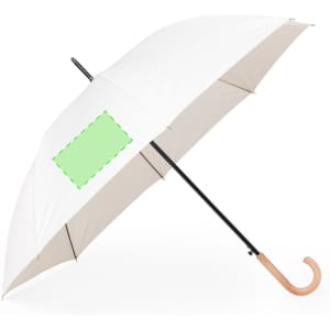 A white umbrella with a curved wooden handle and a logo space on the canopy. Ideal for leisure and outdoor use.