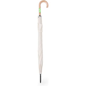 A cream-coloured umbrella featuring a wooden handle and a silver tip, secured with a strap. It has a logo.