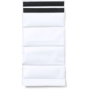 A drink bottle cooler in white with multiple sections and black velcro strips at the top.