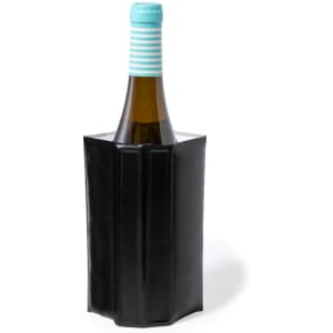 A drink bottle cooler in black, featuring a striped turquoise neck, designed to keep beverages chilled.