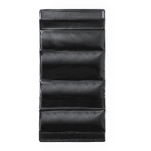 A drink bottle cooler in black with a sleek, foldable design and a velcro strap at the bottom.
