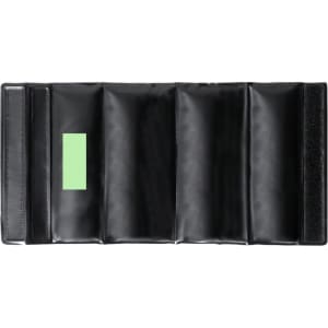 A drink bottle cooler in black with multiple compartments, featuring a logo and a green patch.