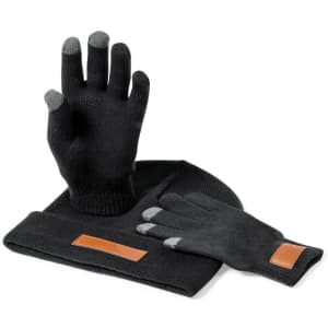 A set of black gloves and a matching beanie, featuring grey fingertips and a brown leather patch.