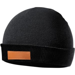 A black knitted beanie with a fold-over cuff and a leather patch. Features a simple, classic design.