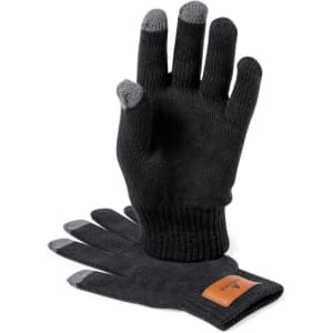 A pair of black gloves with grey fingertips and a leather patch, featuring a logo on the wrist.