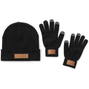 A black beanie and a pair of black gloves, each featuring a leather label, are displayed together.