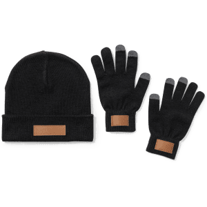 A black beanie and a pair of black gloves with a brown leather patch. The gloves feature fingertip touch compatibility.