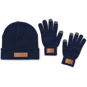 A navy blue beanie and pair of gloves with grey tips and a leather label.
