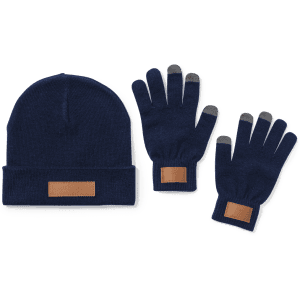 A navy beanie and matching gloves, both featuring a leather patch. The gloves have fingertip detailing.