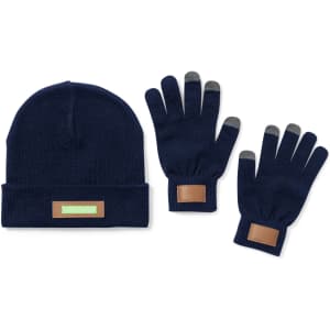 A navy beanie and matching gloves with a leather patch, featuring fingertip grips for touchscreen use.