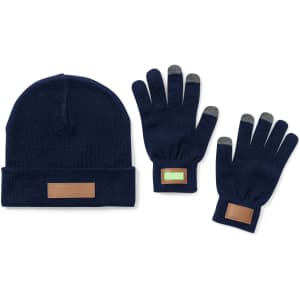 A navy beanie with a patch, paired with navy gloves featuring touch screen tips and patches.