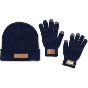 A navy beanie and matching gloves, featuring leather patches and fingertip details. The gloves have a snug fit for warmth.