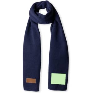 A navy Kinar scarf with a brown patch and a green square, featuring a logo on one side.