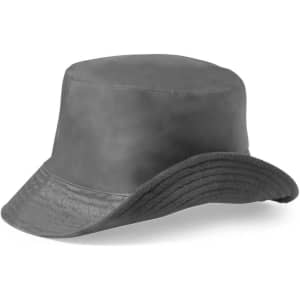 A grey reversible hat with a wide brim, featuring a textured band and a logo on the side.