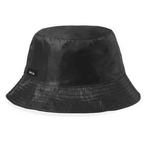A black reversible bucket hat featuring a textured finish and a small logo. Suitable as headwear or beanies.