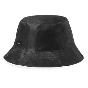 A black reversible bucket hat featuring a logo, made with a shiny material.