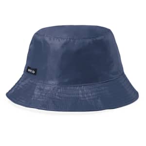 A navy reversible hat featuring a branded tag, designed as a beanie-style headwear.