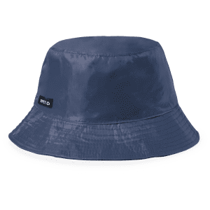 A blue reversible hat with a wide brim and a small logo tag. Suitable for various outdoor activities.