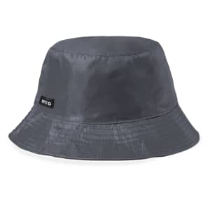 A reversible grey beanie hat with a bucket style and a branded tag. Features a smooth, shiny texture.