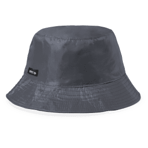 A grey reversible bucket hat featuring a branded logo. Suitable for casual headwear.