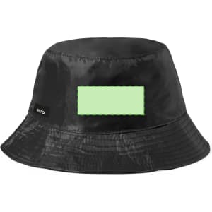 A reversible black hat with a wide brim and a logo patch, featuring a smooth, shiny fabric.