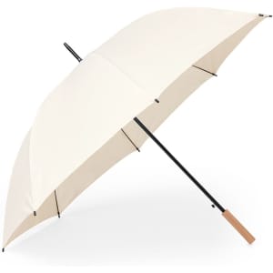 A large cream umbrella with a black frame and a wooden handle, featuring a simple design, ideal for leisure use.