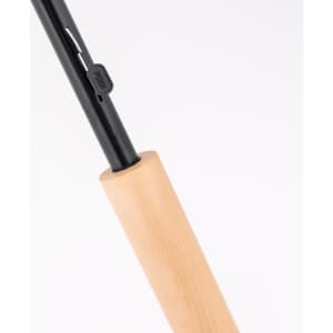 A black umbrella handle with a wooden grip and a button for adjusting. Features a logo on the handle.