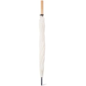A beige umbrella with a wooden handle, featuring a sleek, streamlined design and a dark tip.