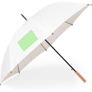 A large white umbrella with a wooden handle and a logo area on the canopy.