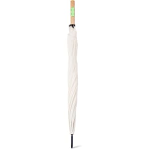 A beige umbrella with a wooden handle, elegantly folded and featuring a logo.