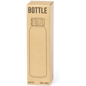 A drink bottle in a cardboard box, featuring a wooden lid and a green body. The box has a simple design and a logo.