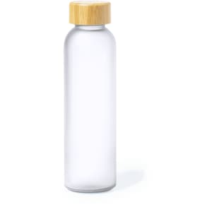 A drink bottle with a clear body and a bamboo lid, featuring a minimalist design. It has a branding logo.