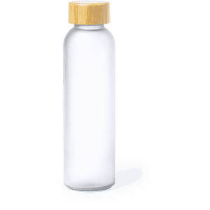 A drink bottle made of clear material with a bamboo lid. It features a simple and sleek design.