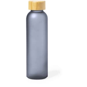 A drink bottle in a matte grey finish with a bamboo lid, featuring a sleek, modern design.
