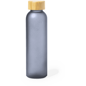 A drink bottle in a matte grey finish with a natural bamboo lid and featuring a logo.